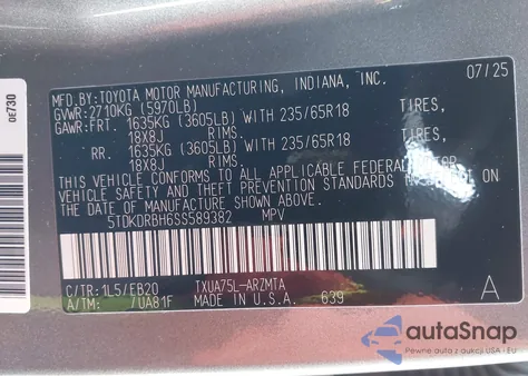 2025 Toyota Highlander Xle from USA, damaged, VIN 5TDKDRBH6SS589382